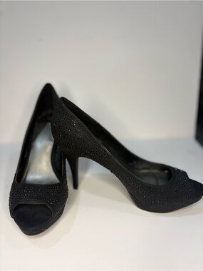 Fergalicious by fergie Black Crystal-Embellished Peep-Toe Stiletto Heels